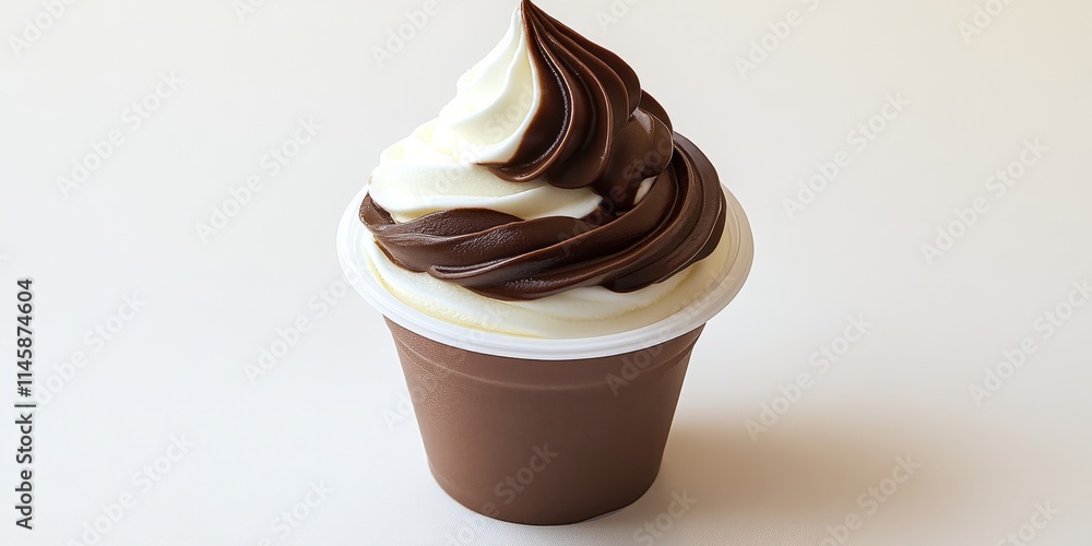 A cup of swirled soft serve ice cream combines rich chocolate and creamy vanilla, presented within a plastic container, against a clean white backdrop. A cup of swirled soft serve ice cream combines rich chocolate and creamy vanilla, presented within a plastic container, against a clean white backdrop.