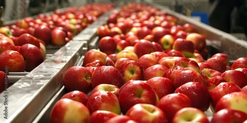 Fototapeta Naklejka Na Ścianę i Meble -  Apples being processed on a production line within a fresh produce facility showcase the efficient handling of fresh fruits in a production setting.