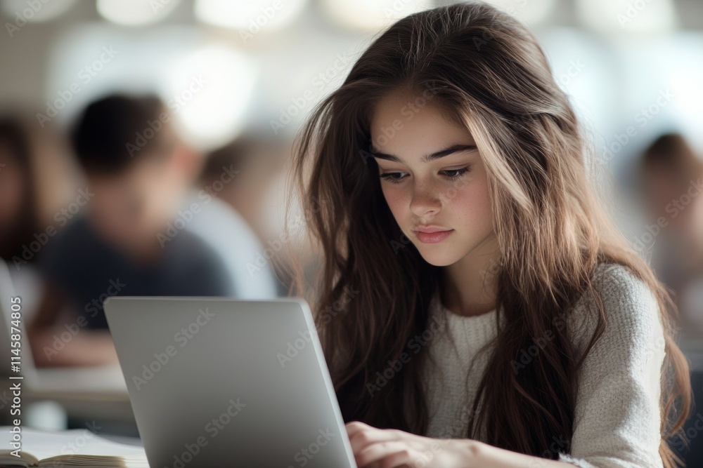 Student focuses intently on laptop during class in a well-lit educational environment Student focuses intently on laptop during class in a well-lit educational environment