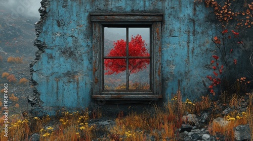 Vibrant Red Tree Framed by an Old Blue Wall in a Mystical Landscape, Capturing the Beauty of Nature's Colors and Contrast in Autumn Scenery