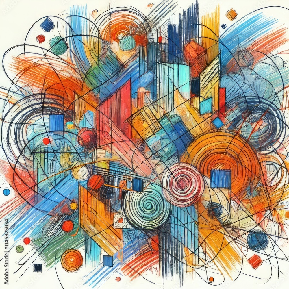 Vibrant Abstract Geometric Composition with Dynamic Shapes and Bold Colors with Generative AI. Vibrant Abstract Geometric Composition with Dynamic Shapes and Bold Colors with Generative AI.