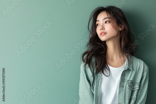 Young woman with long hair wearing a green jacket poses against a pastel green background in a stylish manner photo