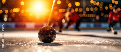 Wallpaper Mural A focused shot of a hockey puck on ice, with players in red uniforms and a warm sunset glow creating a vibrant atmosphere. Torontodigital.ca