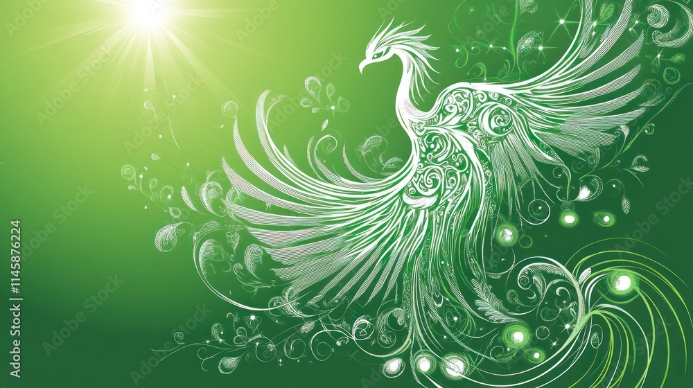 White phoenix bird with ornate details on a green background. White phoenix bird with ornate details on a green background.