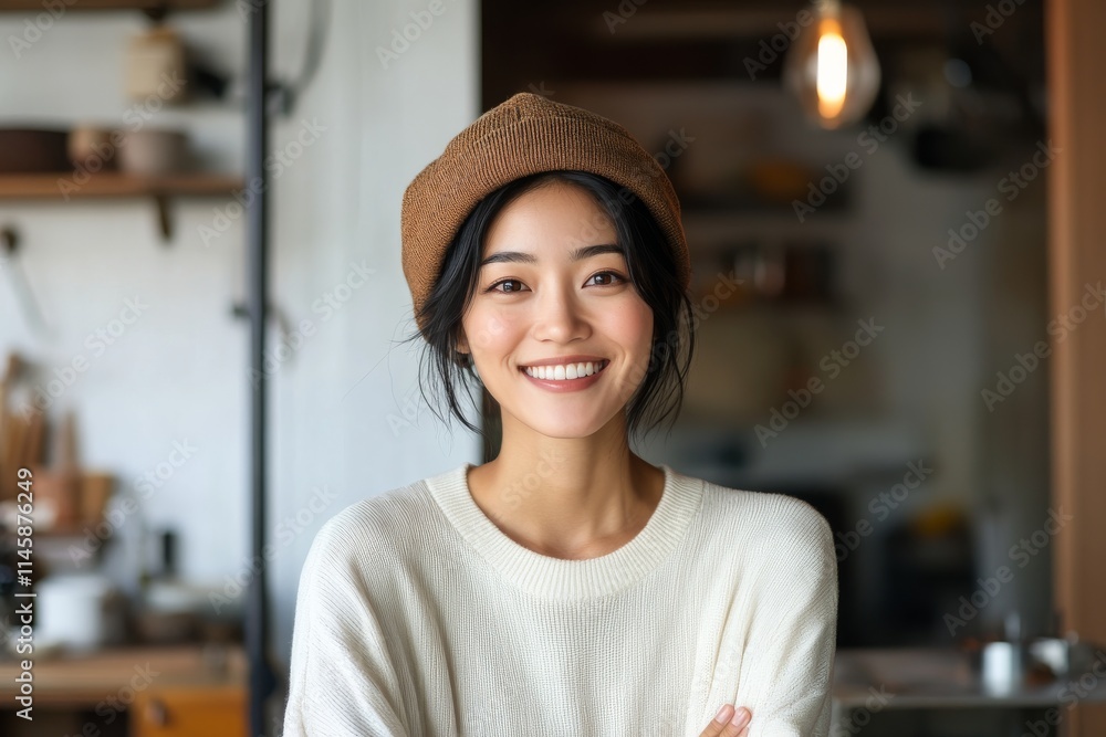 Smiling woman in cozy sweater with beret posing in modern coffee shop interior Smiling woman in cozy sweater with beret posing in modern coffee shop interior