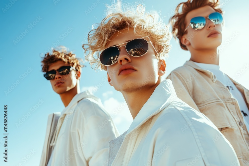 Three young men stand confidently against a bright blue sky, showcasing their stylish sunglasses and casual summer attire