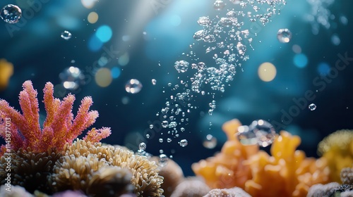Vibrant and vivid coral reefs paired with sparkling water bubbles, depicting the beauty of underwater life imagine product photography