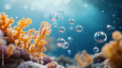 Vibrant and vivid coral reefs paired with sparkling water bubbles, depicting the beauty of underwater life imagine product photography
