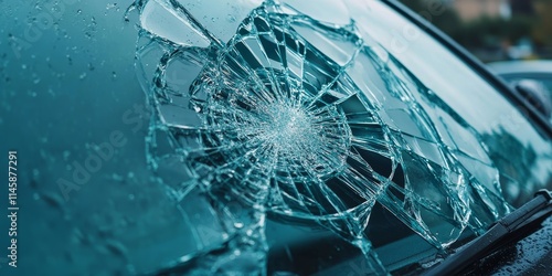 Close up view of a broken passenger window, showcasing damaged glass resulting from car theft. This image highlights the aftermath of vandalism and theft, emphasizing the broken glass in the vehicle. photo