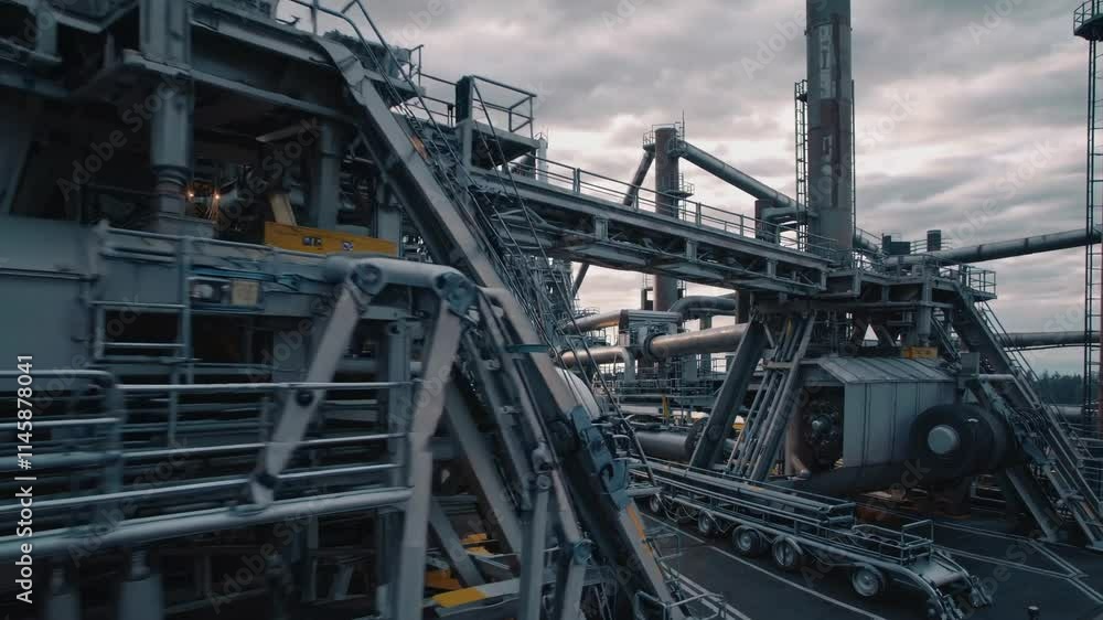 An industrial complex with smokestacks under a cloudy sky. An industrial complex with smokestacks under a cloudy sky.