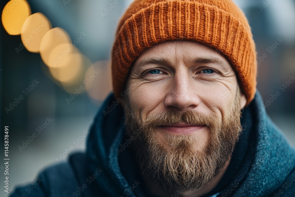 Smiling man with a beard and orange beanie enjoys a chilly day outdoors in a vibrant city Smiling man with a beard and orange beanie enjoys a chilly day outdoors in a vibrant city