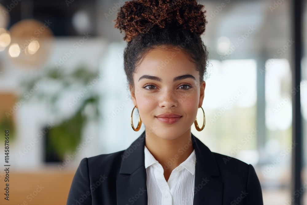Confident young woman in black blazer stands in modern office during daylight hours Confident young woman in black blazer stands in modern office during daylight hours