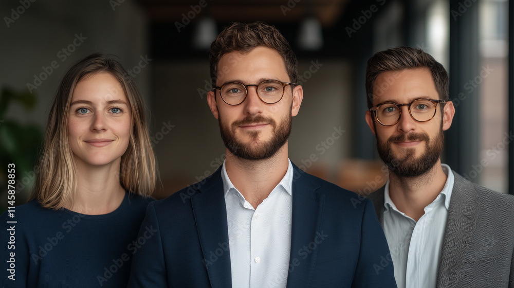 Professional group portrait of three individuals in modern office setting, showcasing teamwork and collaboration. Professional group portrait of three individuals in modern office setting, showcasing teamwork and collaboration.