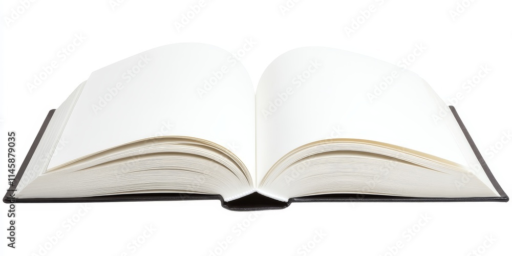 Fototapeta premium Blank open book isolated on a white background, featuring a clean and clear appearance, ideal for various creative projects. This blank open book serves versatile design needs with its simplicity.