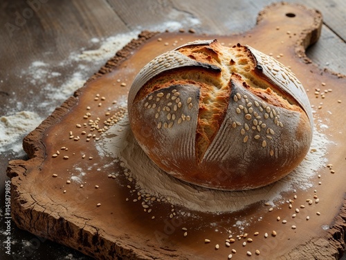 Crusty Artisan Bread Loaf on Rustic Wooden Board photo