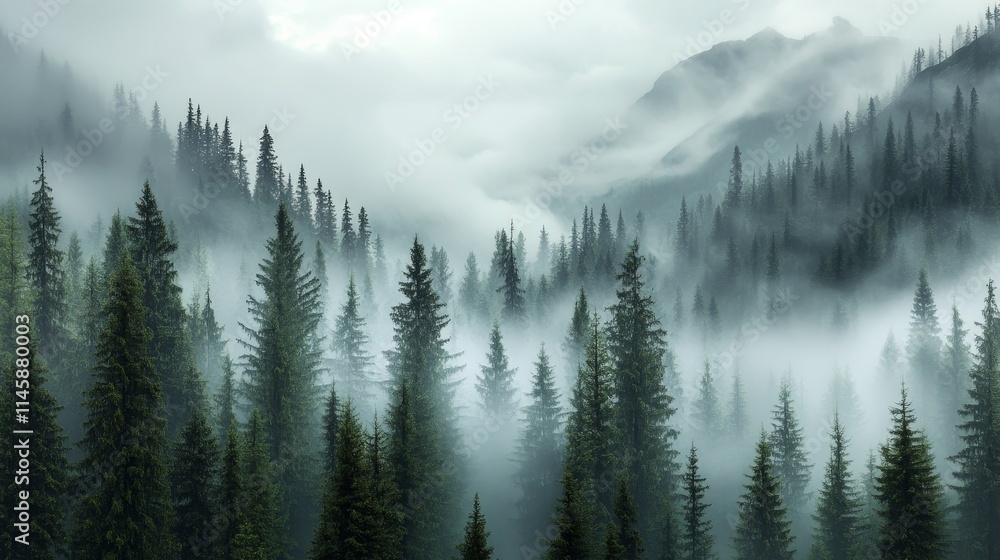 A misty forest landscape with towering trees and mountains shrouded in fog. A misty forest landscape with towering trees and mountains shrouded in fog.