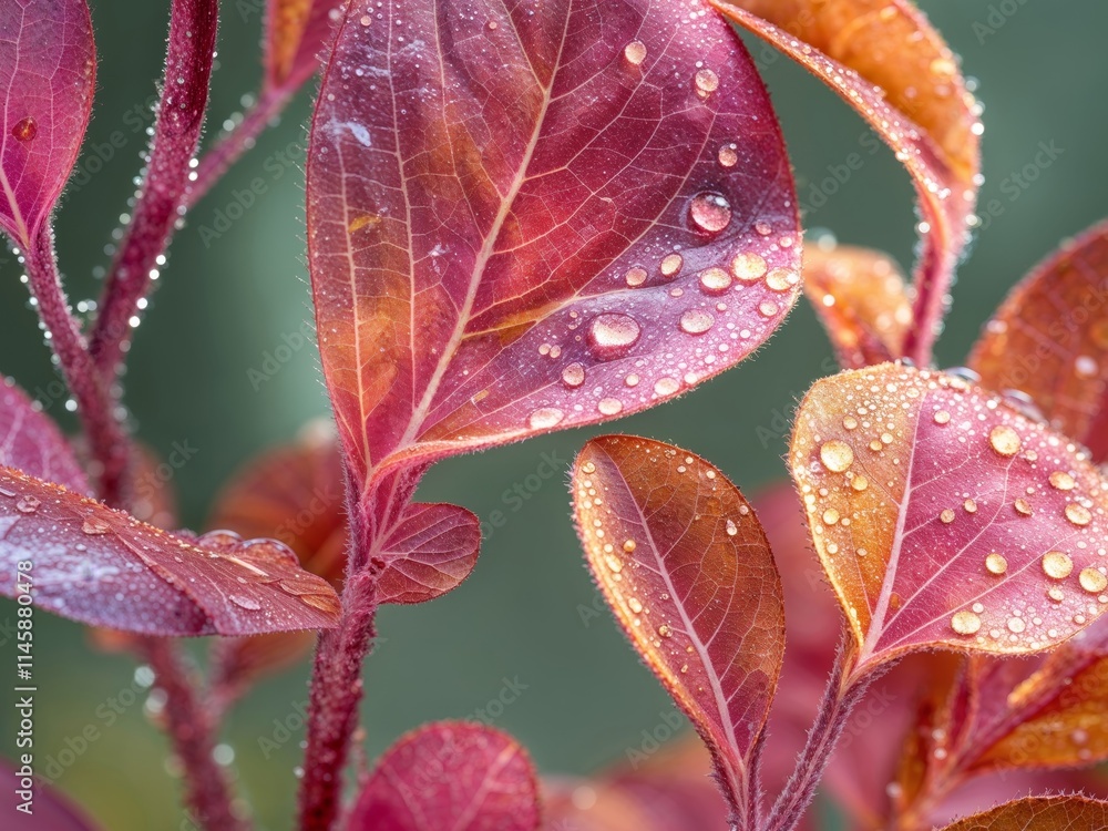 Close up of vibrant pink and orange leaves with water droplets Close up of vibrant pink and orange leaves with water droplets