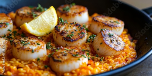 Vibrant orange Spanish rice paella paired with succulent lemon herb scallops creates a delightful dish. Enjoy the bold flavors of orange Spanish rice paella featuring delicious scallops. photo