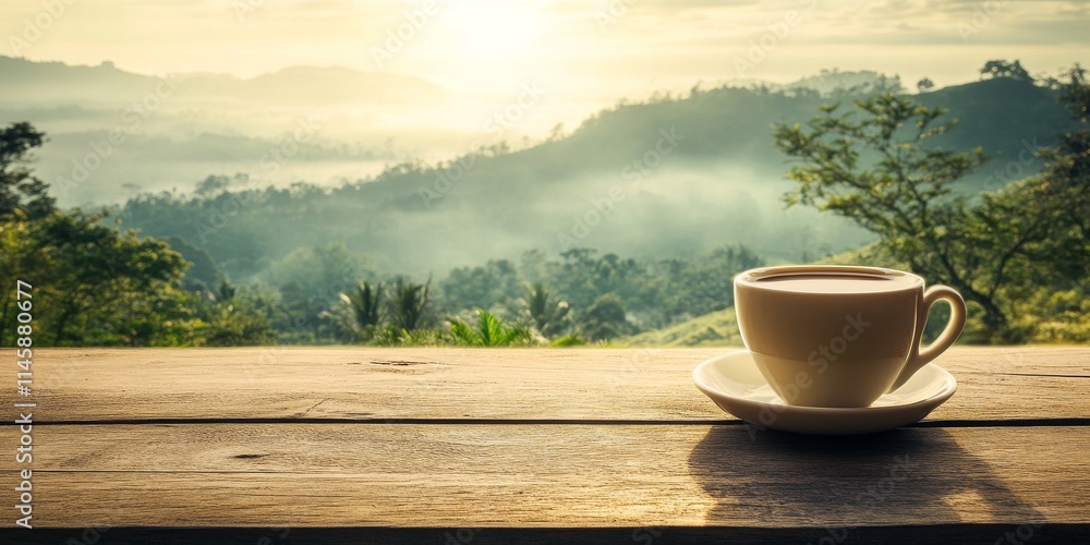 Coffee cup placed on a wooden table, showcasing a stunning view of beautiful nature in the background, creating a serene atmosphere around the coffee cup for relaxation and enjoyment. Coffee cup placed on a wooden table, showcasing a stunning view of beautiful nature in the background, creating a serene atmosphere around the coffee cup for relaxation and enjoyment.