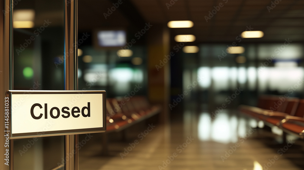 Closed airport counter with empty chairs and a sign indicating no flights available. A symbol of travel disruption and unexpected changes in plans. Closed airport counter with empty chairs and a sign indicating no flights available. A symbol of travel disruption and unexpected changes in plans.
