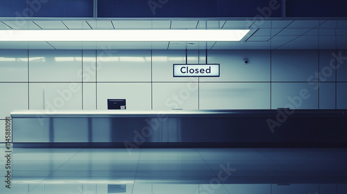 Closed airport counter with empty chairs and a sign indicating no flights available. A symbol of travel disruption and unexpected changes in plans.