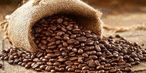 Aromatic fragrance of freshly roasted coffee grains fills the air, evoking the rich and invigorating essence of coffee grains that tantalizes the senses and awakens passion for coffee. photo