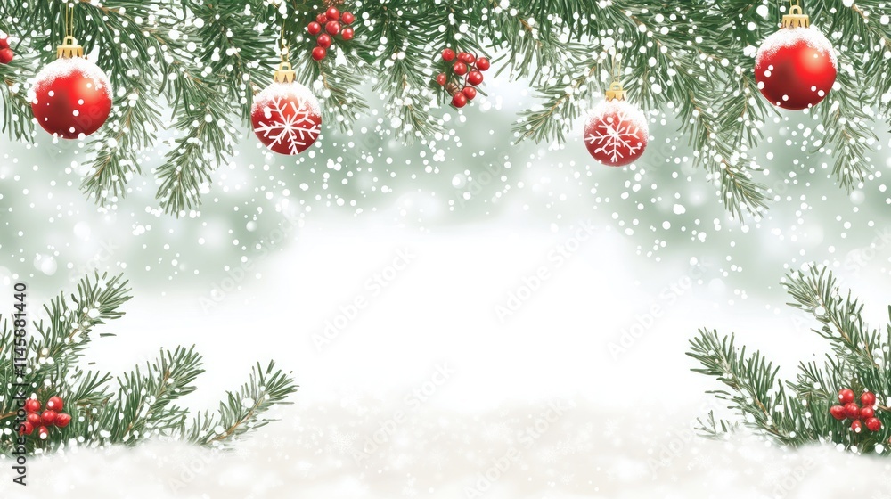 Christmas fir branches with baubles and snow. Christmas fir branches with baubles and snow.