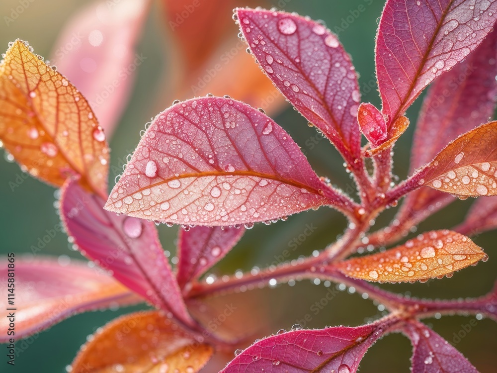 Close up of vibrant pink and orange leaves with water droplets Close up of vibrant pink and orange leaves with water droplets