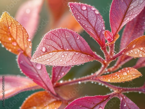 Close up of vibrant pink and orange leaves with water droplets