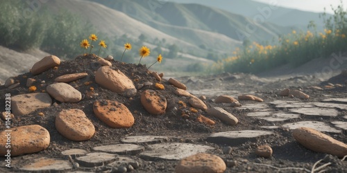 Impact of soil contamination on natural landscapes as seen through textured earth and stones photo