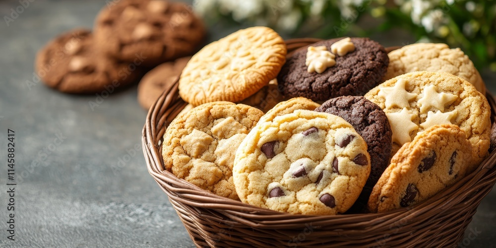 Delicious cookies arranged in a basket on a table, showcasing an assortment of tasty cookies that invite enjoyment and satisfaction with every delightful bite of these cookies. Delicious cookies arranged in a basket on a table, showcasing an assortment of tasty cookies that invite enjoyment and satisfaction with every delightful bite of these cookies.