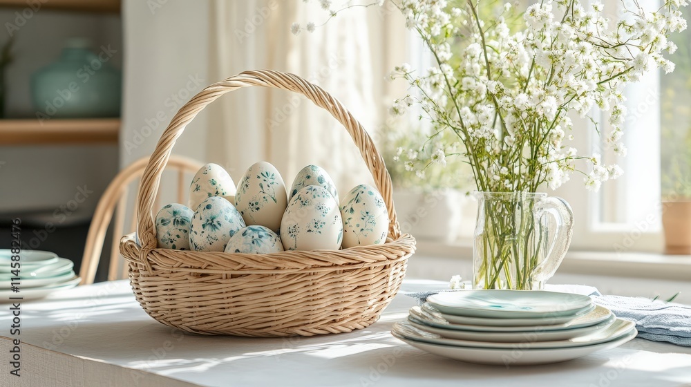 An elegant basket filled with intricately designed Easter eggs, set against a soft background, showcasing seasonal beauty. An elegant basket filled with intricately designed Easter eggs, set against a soft background, showcasing seasonal beauty.