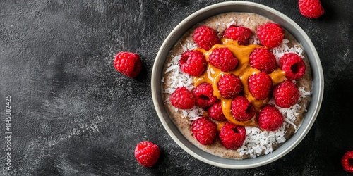 Chia pudding topped with raspberries, peanut butter, and coconut in a bowl, viewed from above, showcasing a delightful vegan food concept with ample copy space for creativity. photo