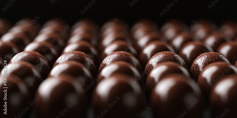 Close up of round chocolate candies displayed against a black background, highlighting the rich texture and enticing allure of these delectable round chocolate candies. Close up of round chocolate candies displayed against a black background, highlighting the rich texture and enticing allure of these delectable round chocolate candies.