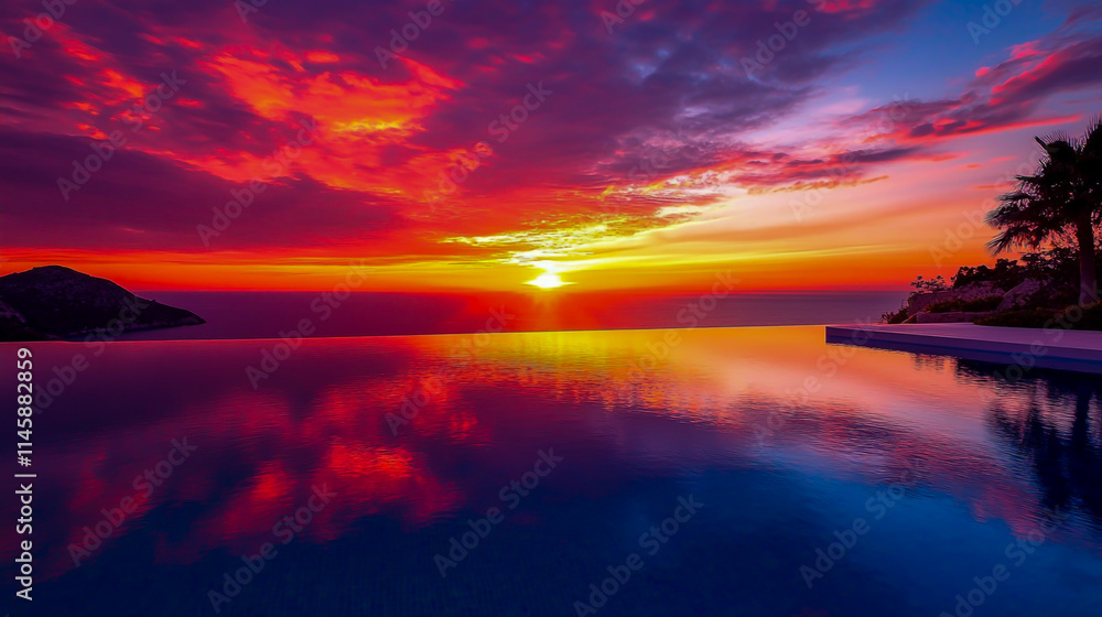 Fototapeta premium Beautiful sunset over the pool of a luxury villa with a panoramic view. The light of the golden hour creates a reflection on the water and a colorful sky.