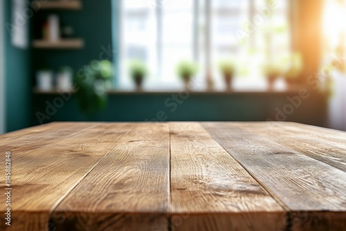 Rustic wooden table in a sunlit room with plants and soft natural lighting for a cozy atmosphere