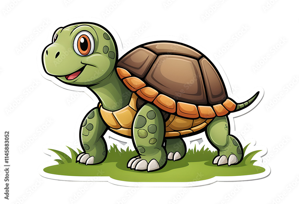 Fototapeta premium A Baby Turtle on Walking on Grass cartoon illustration sticker.