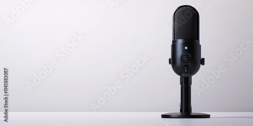 Modern black wireless microphone showcased against a white background, emphasizing the sleek design of the wireless microphone and its versatility for various audio recording needs. photo