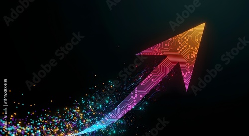 Glowing neon arrow in vibrant red with an orange and pink gradient, leaving a dynamic trail of sparkling particles that transition into blue and purple hues, set against a dark futuristic background.