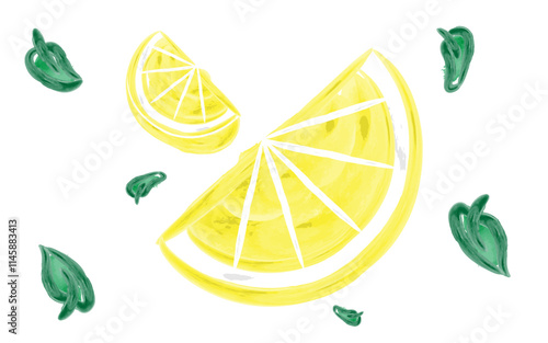 Hand Drawing Watercolor Illustration of Floating Lemon Slices.