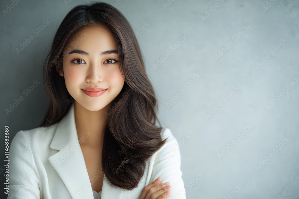 Confident young woman in a stylish outfit poses against a neutral backdrop with a friendly smile while looking directly at the camera Confident young woman in a stylish outfit poses against a neutral backdrop with a friendly smile while looking directly at the camera