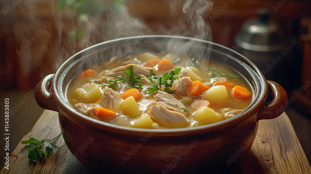 Rustic Chicken Stew with Potatoes and Carrots in a Clay Pot Steaming Hot and Garnished with Fresh Parsley on a Wooden Table
Rustic Chicken Stew with Potatoes and Carrots in a Clay Pot Steaming Hot and Garnished with Fresh Parsley on a Wooden Table