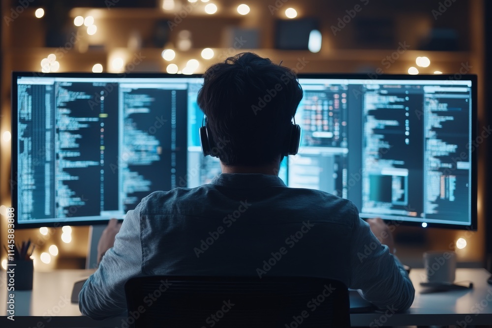 Focused programmer works late at night coding on multiple computer screens with colorful data displays Focused programmer works late at night coding on multiple computer screens with colorful data displays