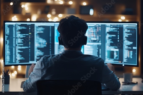 Focused programmer works late at night coding on multiple computer screens with colorful data displays