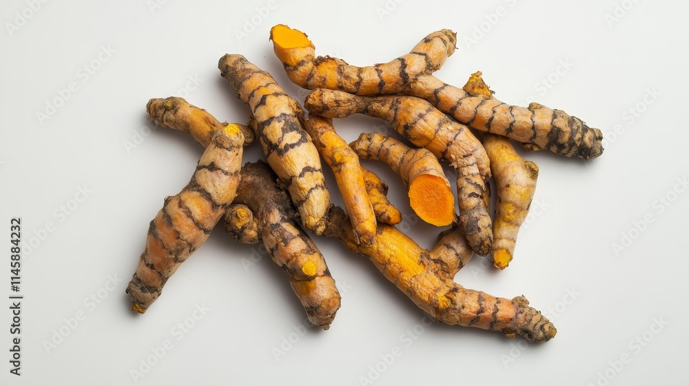 Fresh turmeric rhizomes Curcuma longa displayed on a white background showcase the vibrant colors and unique texture of fresh turmeric, highlighting its natural beauty and culinary appeal. Fresh turmeric rhizomes Curcuma longa displayed on a white background showcase the vibrant colors and unique texture of fresh turmeric, highlighting its natural beauty and culinary appeal.