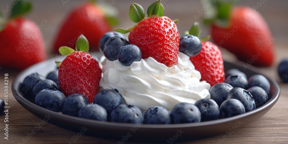 Fresh, juicy strawberries and blueberries are beautifully arranged with thick whipped cream on a plate. This delightful image features strawberries and blueberries in a horizontal setting. Fresh, juicy strawberries and blueberries are beautifully arranged with thick whipped cream on a plate. This delightful image features strawberries and blueberries in a horizontal setting.