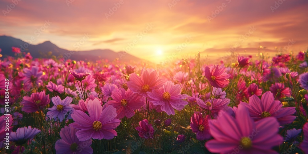 Fototapeta premium Scenic flower field landscape features cosmos blooms at sunset, showcasing the beauty of cosmos flowers in a vibrant and picturesque setting. Experience the scenic charm of the cosmos flower field.