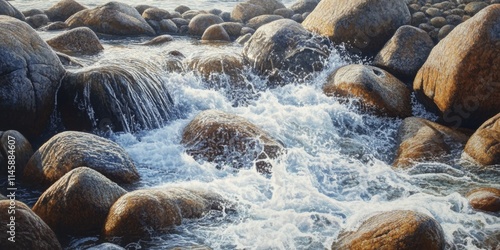 Sea water cascades over large stones, creating a beautiful scene as the sea water ebbs and flows. The interaction between sea water and stones forms a captivating natural display.