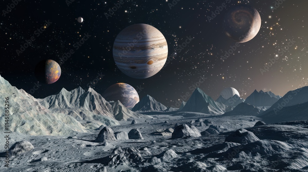 Naklejka premium Alien Planet Landscape with Multiple Planets in the Sky
