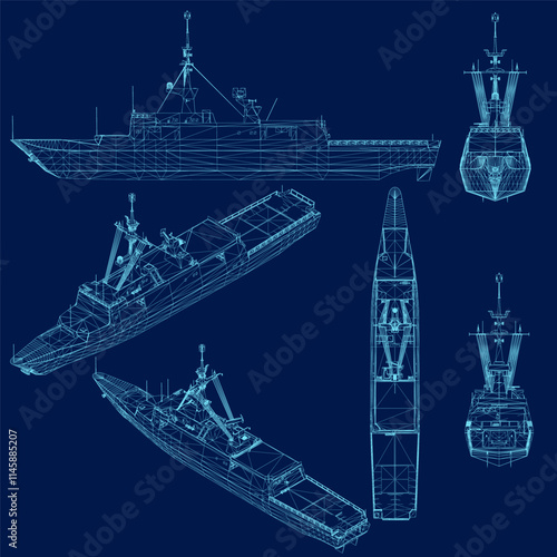 Set with modern war ship wireframe vector on blue background.